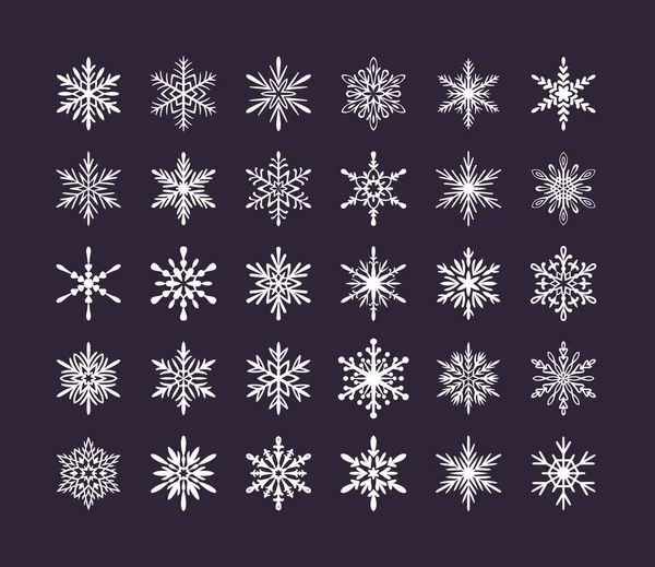 Niedliche Schneeflocken Sammlung Isoliert Auf Dunklem Hintergrund Flache Schnee Ikonen — Stockvektor