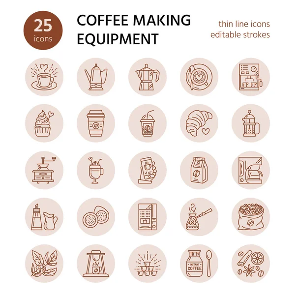 Vector Lijn Pictogrammen Van Koffie Maken Apparatuur Elementen Moka Pot — Stockvector