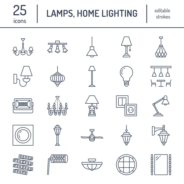 Luminaire Lampes Lignes Plates Icônes Équipement Éclairage Domestique Extérieur Lustre — Image vectorielle