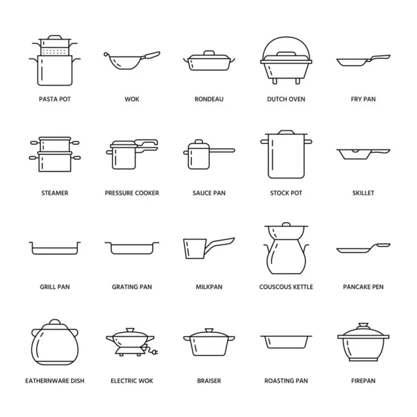 Pot Pan Steamer Line Icons Restaurant Professional Equipment Signs Kitchen — Stock Vector