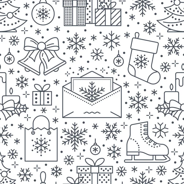 圣诞节 新年无缝图案 线条图解 冬季假期的病媒图标圣诞树 给圣塔的信 庆祝晚会白种人反复出现的背景 — 图库矢量图片