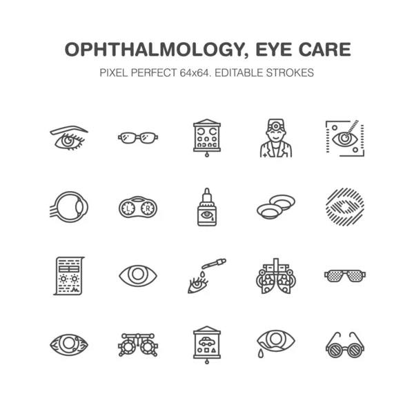 Oftalmologia Olhos Ícones Linha Cuidados Saúde Equipamento Optometria Lentes Contato —  Vetores de Stock