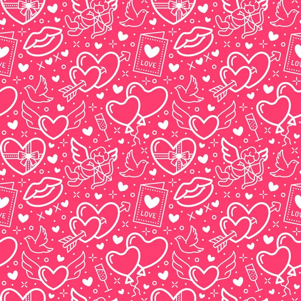 Dia Dos Namorados Padrão Sem Costura Rosa Amor Ícones Linha — Vetor de Stock
