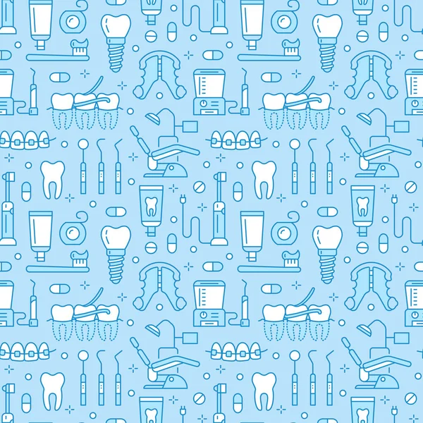 Dentist, orthodontics blue seamless pattern with line icons. Health care background for dentistry clinic. Dental care, medical equipment, braces, tooth prosthesis, floss, caries treatment, toothpaste.
