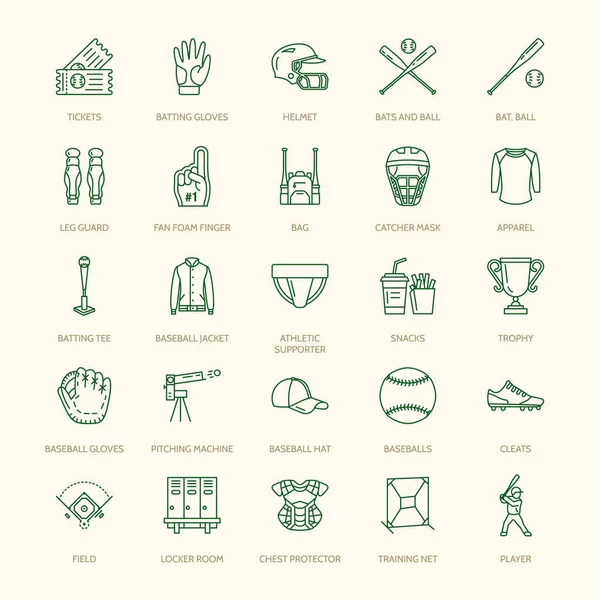 Baseball, softball sport game vector line icons. Ball, bat, field, helmet, pitching machine, catcher mask. Linear signs set, championship pictograms with editable stroke for event, equipment store.