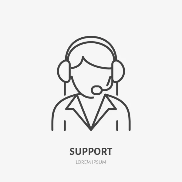 顧客サポートフラットラインアイコン コールセンターの看板 ヘッドセットのイラストを持つ女性 ライブチャート用の細い線形ロゴ — ストックベクタ
