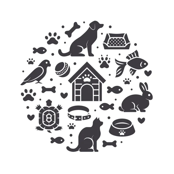 Dierenwinkel Vector Cirkel Banner Met Platte Silhouet Pictogrammen Hondenhok Kattenvoer — Stockvector