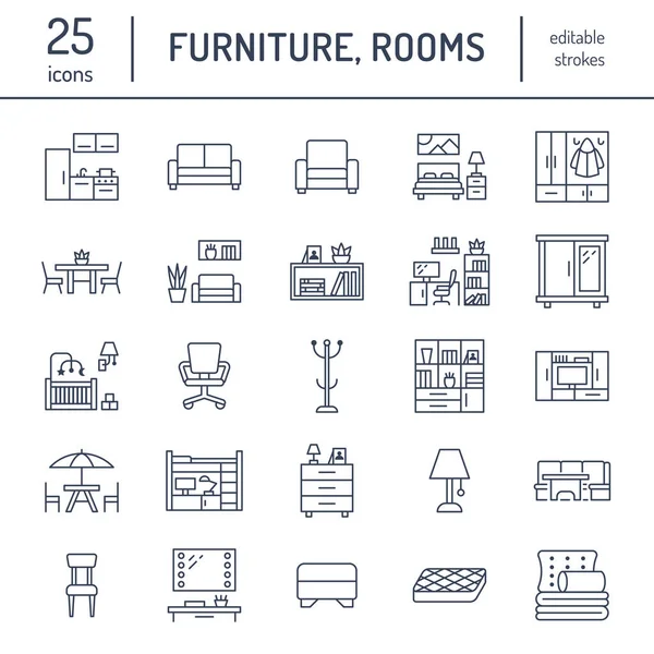 Furniture Vector Flat Line Icons Living Room Stand Bedroom Home — Stock Vector