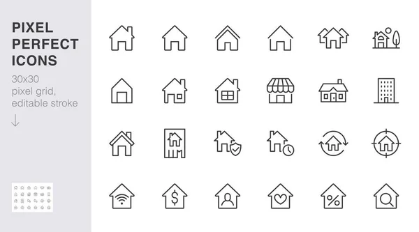 Icônes Ligne Accueil Réglées Maison Immeuble Résidentiel Page Accueil Hypothèque — Image vectorielle