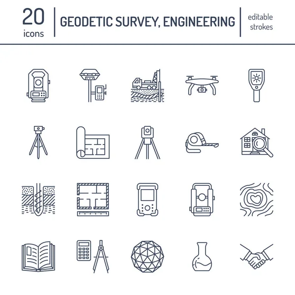 Geodetische Survey Engineering Vector Platte Lijn Pictogrammen Geodesie Apparatuur Tacheometer — Stockvector