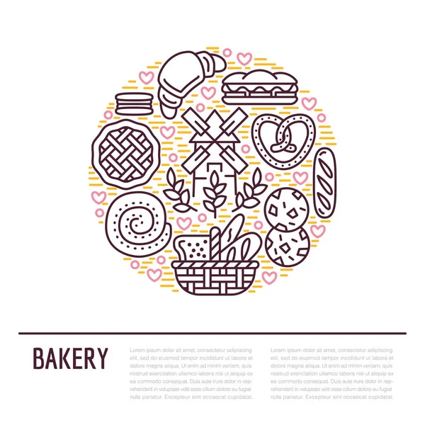 パン屋さんお菓子ポスターテンプレート ベクトルフードラインのアイコン お菓子の円のイラスト プレッツェル クロワッサンマフィンペストリー カップケーキ パンの家製品バナー白の背景 — ストックベクタ