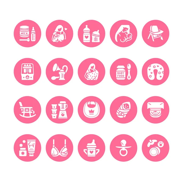 Breastfeeding Baby Food Vector Flat Glyph Icons Breast Feeding Elements — Stock Vector