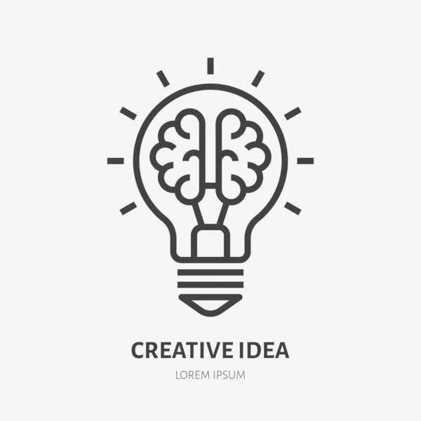 創造的なアイデアフラットラインアイコン 電球のベクトル図の脳 イノベーション ソリューション 教育ロゴの薄い兆候 — ストックベクタ