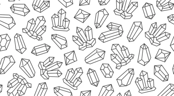 ライン宝石のアイコンとクリスタルシームレスなパターン 黒多角形の石の石英と白の背景に幾何学的な鉱物 魔法の宝石のポスターのデザインのためのダイヤモンド — ストックベクタ