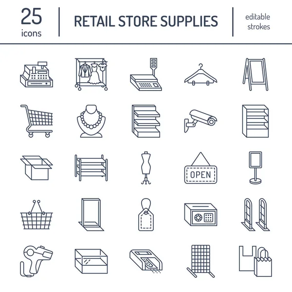 Retail Store Supplies Line Icons Trade Shop Equipment Signs Commercial — Stock Vector