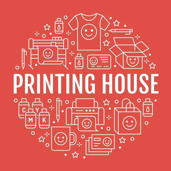 Printing House Circle Poster Flat Line Icons Print Shop Equipment — Stock Vector