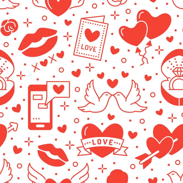Valentines Day Seamless Pattern Love Romance Flat Line Icons Hearts — Stock Vector