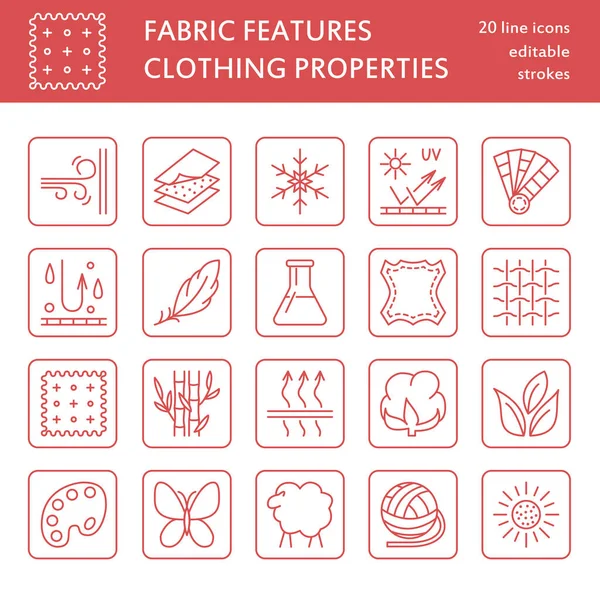 Vector Line Icons Fabric Feature Garments Property Symbols Elements Cotton — Stock Vector