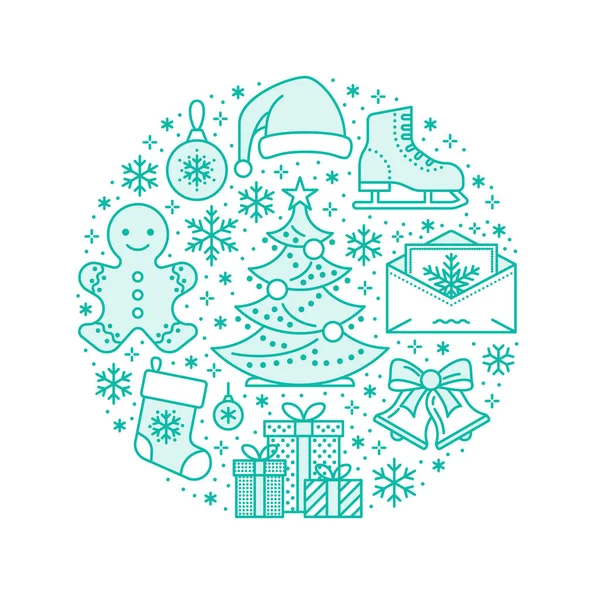 Vánoce Novoroční Plakát Vektorová Linie Ikony Zimních Prázdnin Vánoční Stromeček — Stockový vektor