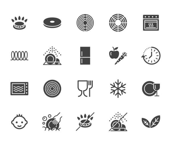 Utensil flat glyph icons set. Gas burner, induction stove, ceramic hob, non-stick coating, microwave, dishwasher vector illustrations. Signs for pan, dishes. Solid silhouette pixel perfect 64x64.