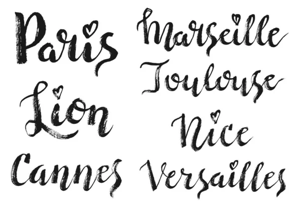 フランスの都市手描きベクトルレタリング 現代の書道ブラシレタリング インクレタリング ライオン カンヌ マルセイユ トゥールーズ ニース ヴェルサイユの文字は白い背景に隔離された — ストックベクタ