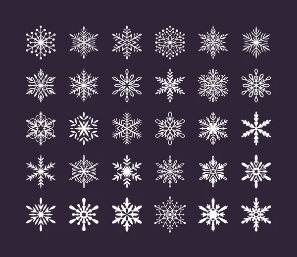 Niedliche Schneeflocken Sammlung Isoliert Auf Dunklem Hintergrund Flache Schnee Ikonen — Stockvektor