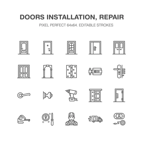 Puertas Instalación Línea Reparación Iconos Varios Tipos Puertas Manija Pestillo — Vector de stock