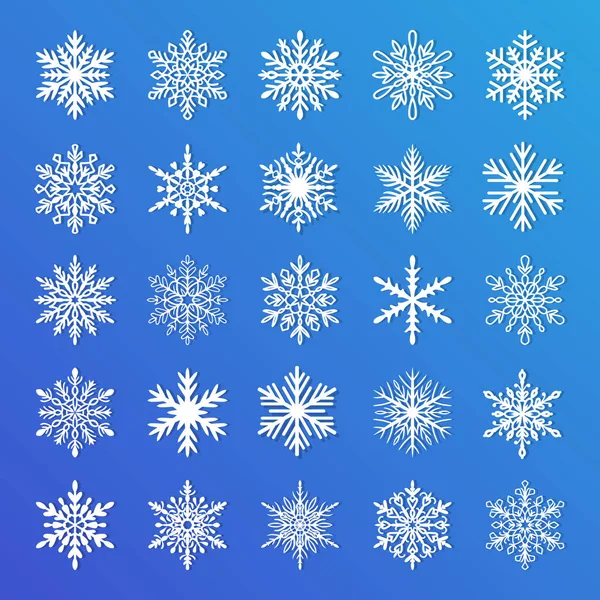 Linda Colección Copos Nieve Sobre Fondo Azul Iconos Planos Nieve — Vector de stock