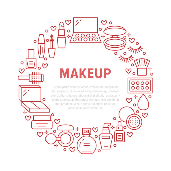 Makeup Beauty Care Red Circle Poster Flat Line Icons Cosmetics — Stock Vector