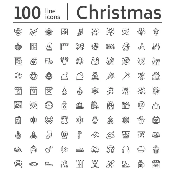 Christmas New Year Flat Line Icons Winter Holidays Christmas Tree — Stock Vector