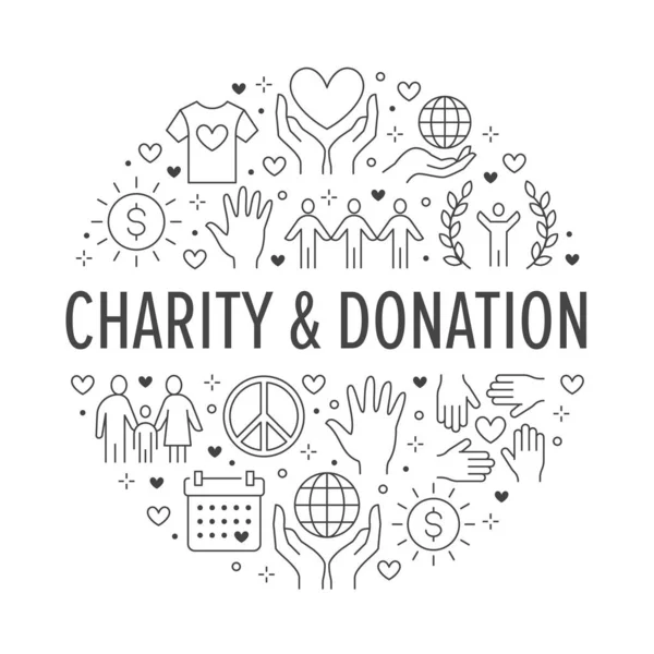Banner Círculo Vectorial Caridad Con Iconos Línea Plana Donación Organización — Vector de stock