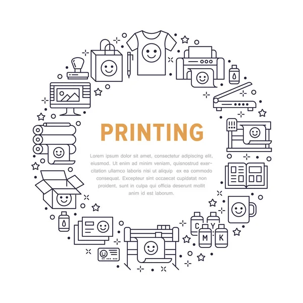 Printing House Circle Poster Flat Line Icons Print Shop Equipment — Stock Vector