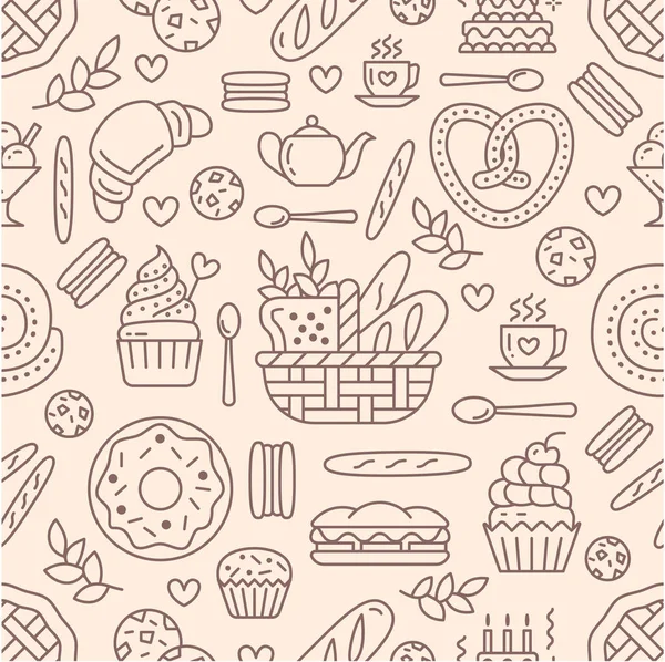 ベーカリーのシームレスなパターン ベージュ色の食品ベクトルの背景 菓子製品細い線のアイコン ケーキ クロワッサン マフィン ペストリー カップケーキ 甘いお店のためのかわいい繰り返しイラスト — ストックベクタ