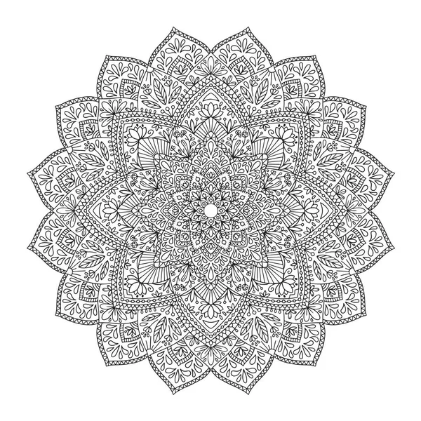 Fekete Indiai Mandala Fehér Háttérrel Dekoratív Virág Rajz Meditáció Kifestőkönyv — Stock Vector