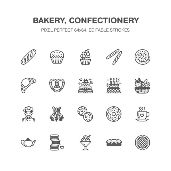 Bakery Confectionery Flat Line Icons Sweet Shop Products Cake Croissant — Stock Vector