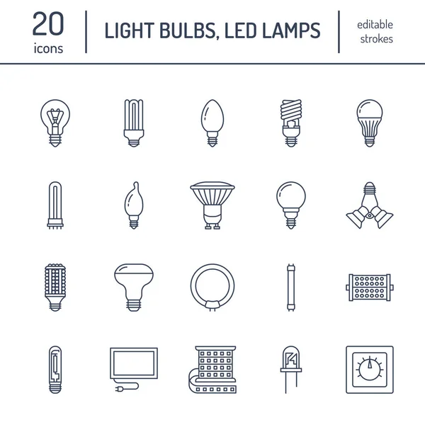 Ampoules Icônes Ligne Plate Les Types Lampes Led Fluorescentes Filamenteuses — Image vectorielle