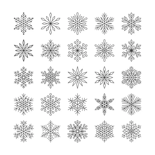 白い背景に隔離されたかわいい雪の結晶コレクション フラットライン雪のアイコン 雪のフレークシルエット クリスマスのバナー カードのための素敵な要素 お正月飾り — ストックベクタ
