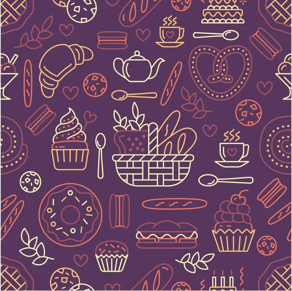 烘焙无缝图案 食物载体背景为深红色 精品产品细线图标 羊角面包 纸杯蛋糕 糖果店的插画很有趣 — 图库矢量图片