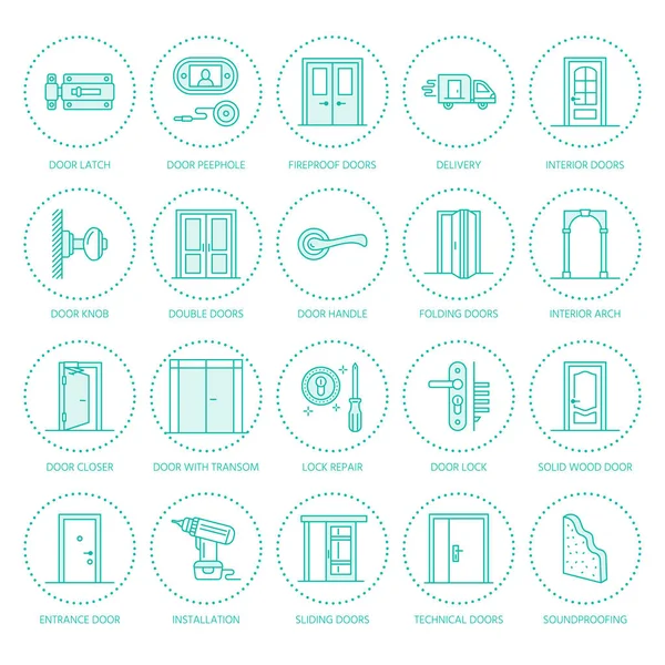 Doors installation, repair line icons. Various door types, handle, latch, lock, hinges. Interior design thin linear signs for house decor shop, handyman service.