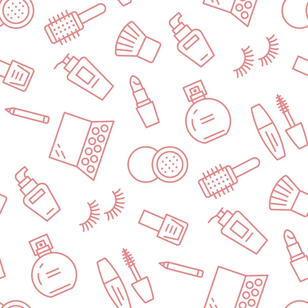 Makeup Beauty Care Red Seamless Pattern Flat Line Icons Cosmetics — Stock Vector