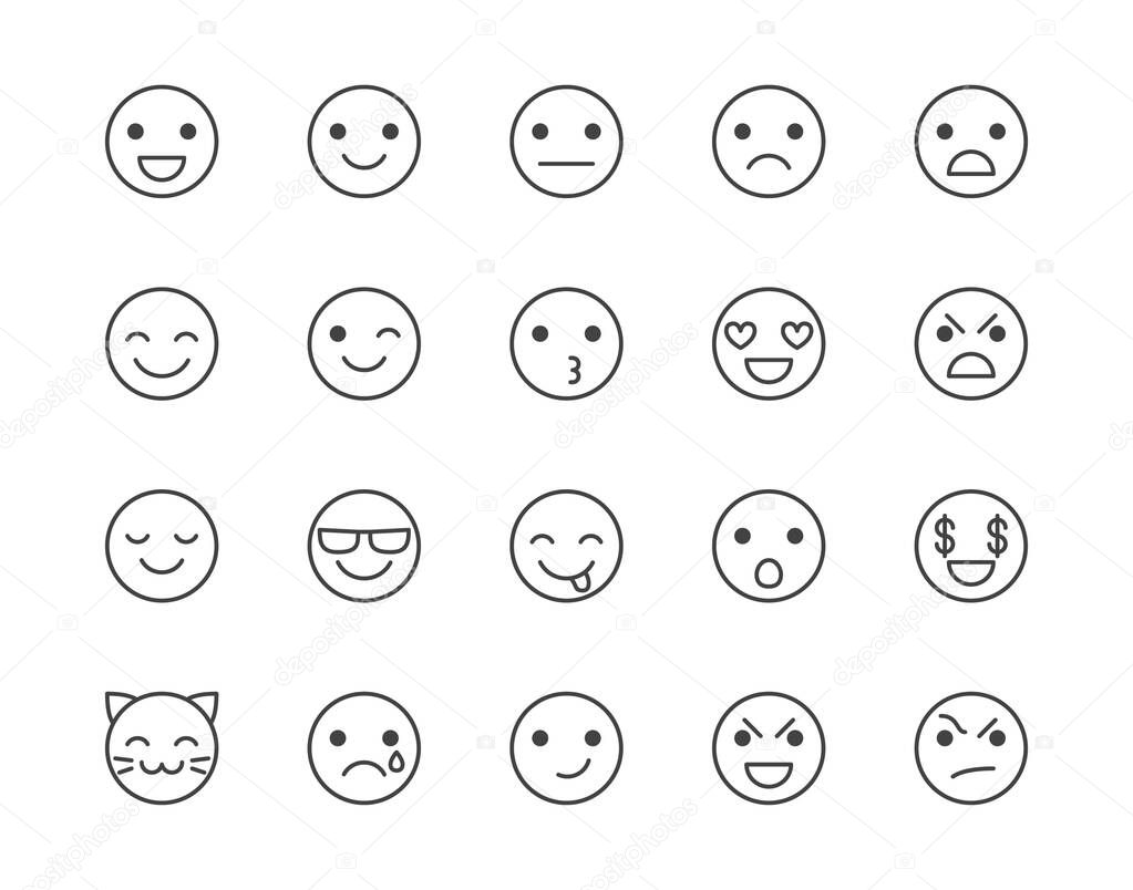 Emotions flat line icons set. Happy face, sad, anger, smile, facial expression emoticon vector illustrations. Outline signs for customer experience feedback. Pixel perfect 64x64. Editable Strokes.