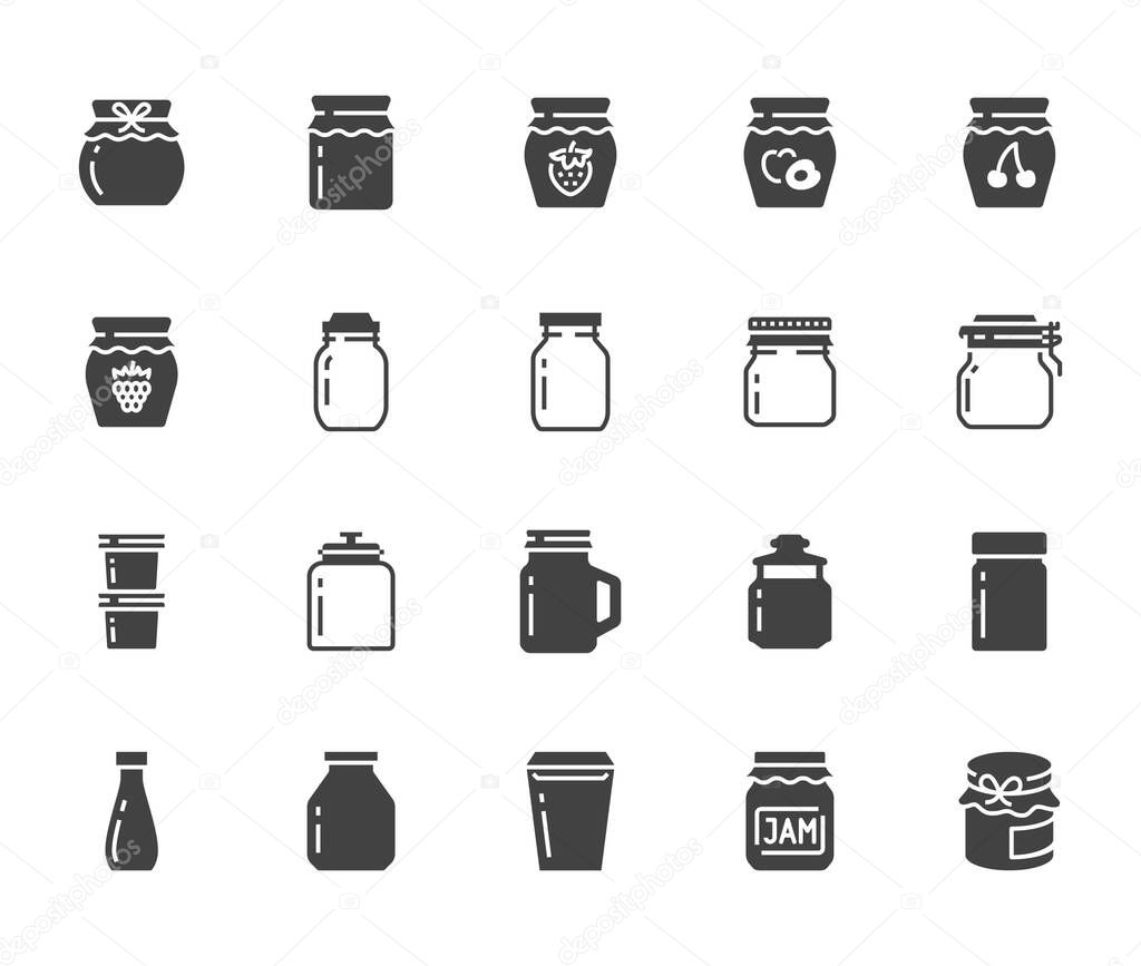 Bottle of jam flat glyph icons. Glass packaging for fruit confiture, raspberry strawberry jelly container vector illustrations. Signs for sweet food store. Solid silhouette pixel perfect 64x64.