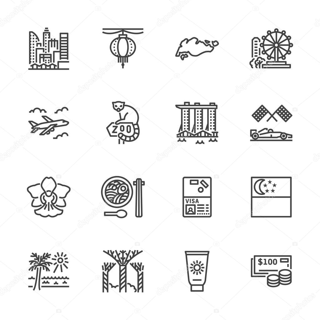 Singapore flat line icons. Tourism landmarks - ferris wheel, marina bay, skyscrapers cityscape, orchid, zoo vector illustrations. Thin signs for travel agency. Pixel perfect 64x64. Editable Strokes.