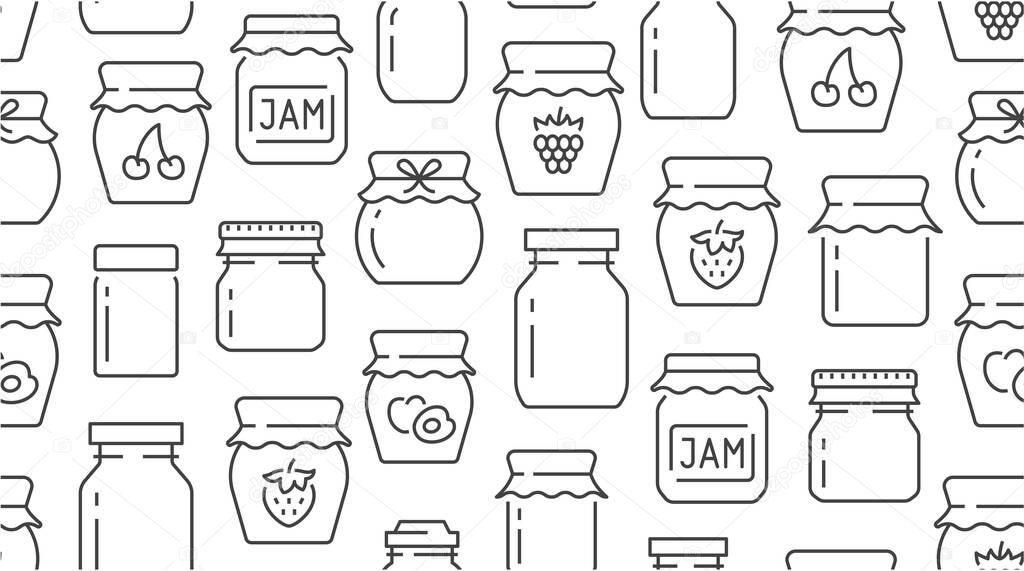 Jam seamless pattern with vector thin line icons. Glass jars with honey, jelly and other canned organic food. Homemade sweet preserves background.
