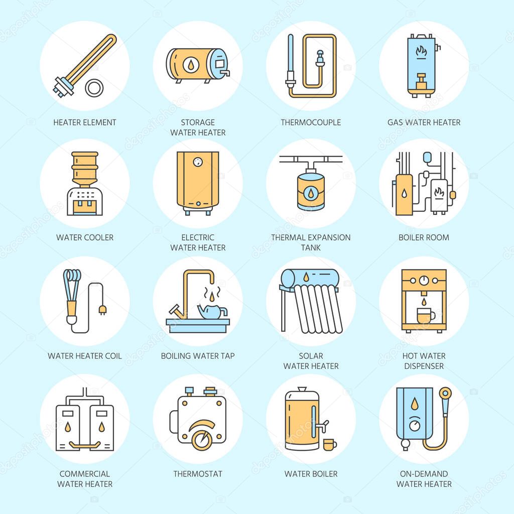 Water heater, boiler, thermostat, electric, gas, solar heaters and other house heating equipment line icons. Thin linear pictogram for hardware store. Household appliances signs.