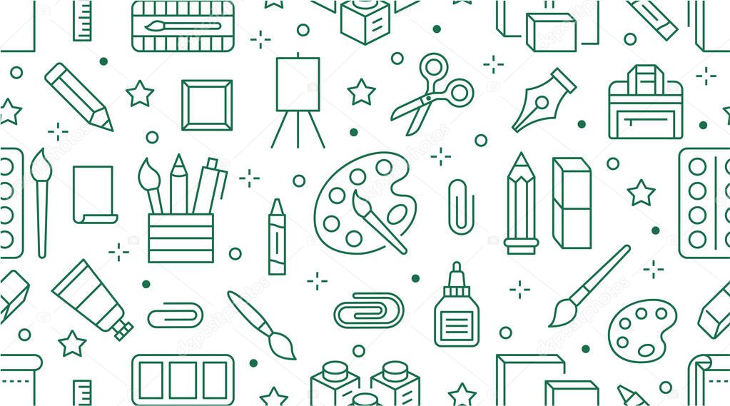 Stationery background, school tools seamless pattern. Art education wallpaper with line icons of pencil, pen, paintbrush, palette, notebook. Painter supplies vector illustration green white color.