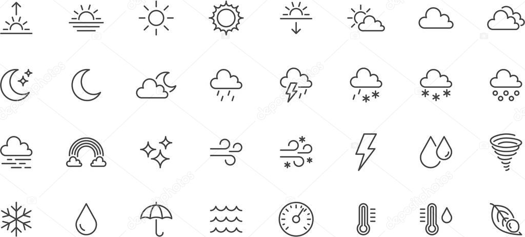 Weather line icons set. Sun, rain, thunder storm, dew, wind, snow cloud, night sky minimal vector illustrations. Simple flat outline signs for web, forecast app. 30x30 Pixel Perfect. Editable Strokes.