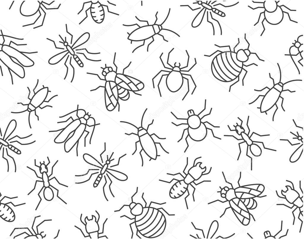 Pest control seamless pattern with flat line icons. Insects background - mosquito, spider, fly, cockroach, ant, termite vector illustrations for extermination service.
