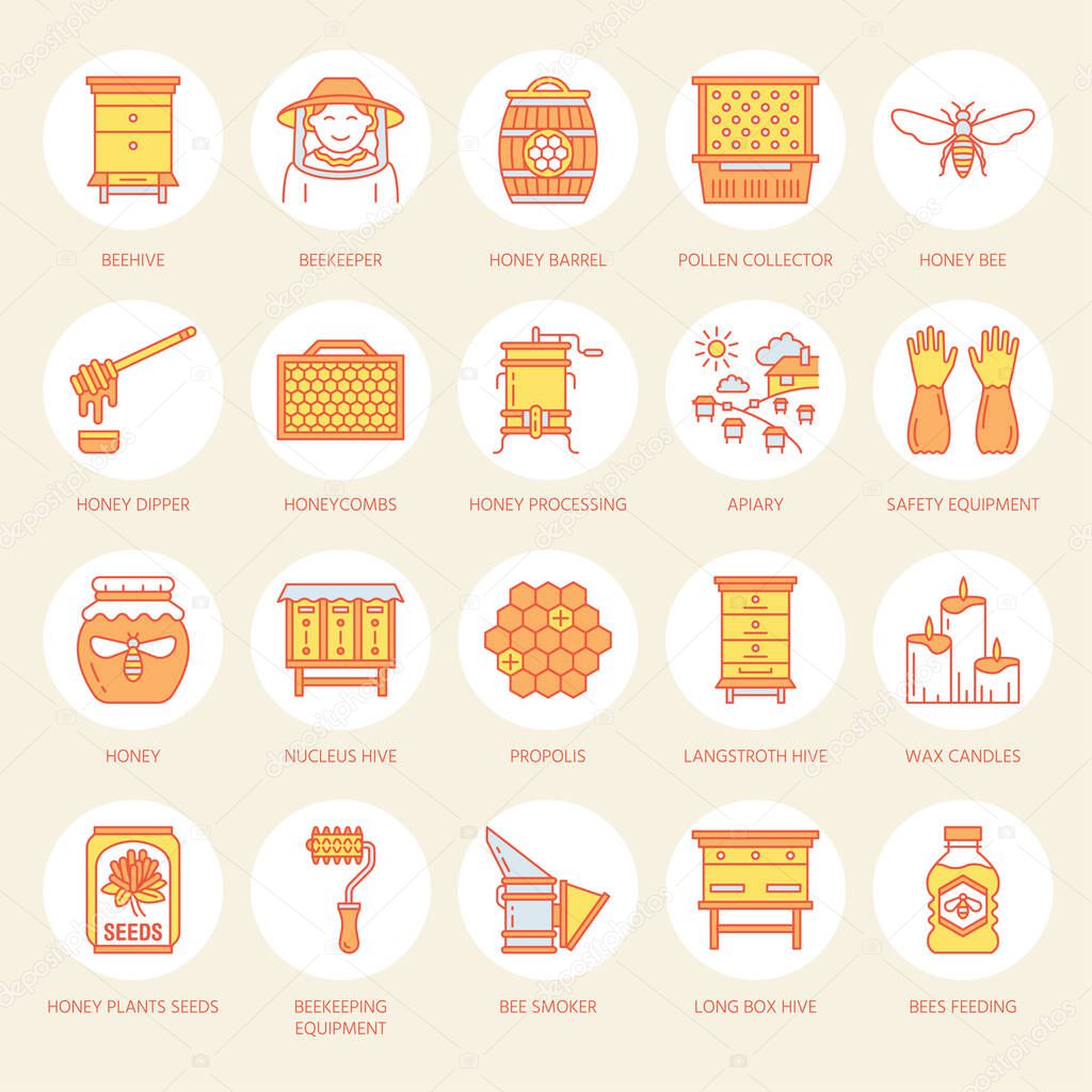Beekeeping, apiculture line icons. Beekeeper equipment, honey processing, honeybee, beehives types, natural products. Bee-garden thin linear signs for organic farm shop. Orange color.