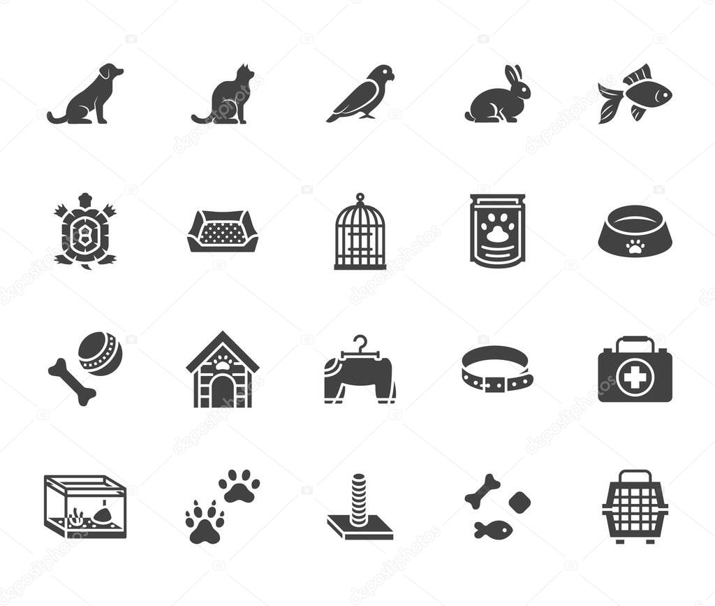 Pet shop flat glyph icons set. Dog carrier, cat scratcher, bird cage, rabbit, fish aquarium, pets paw, collar vector illustrations. Signs for veterinary. Solid silhouette pixel perfect 64x64.